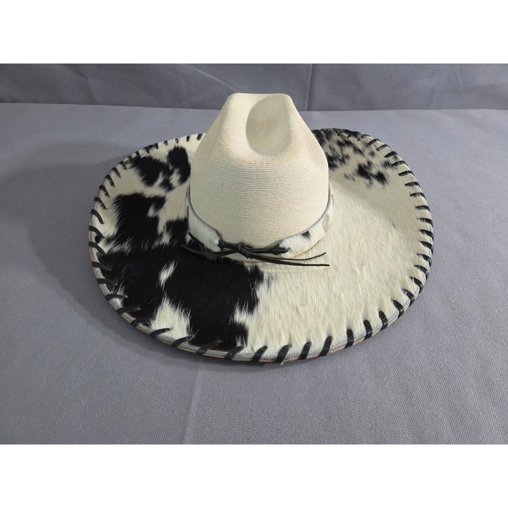 Atwood Cowboy Hat Adult 6 3/4 White Black Cowhide Brim Leather Stitch Hereford
